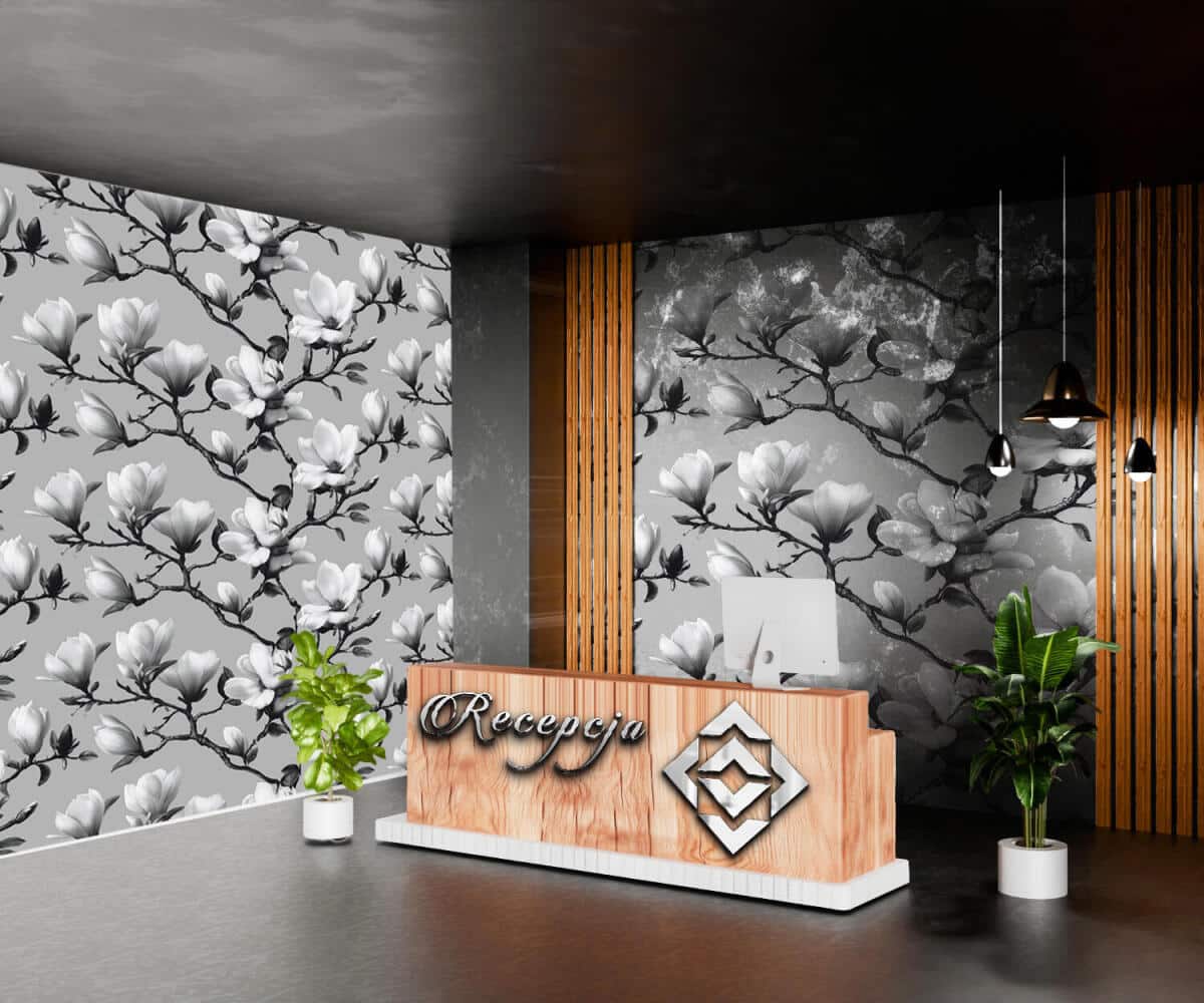 Fototapeta do biura – Eleganckie Magnolie | Czarno-Biały Botaniczny wzór do gabinetu, salonu 82325 - zdjęcie 1