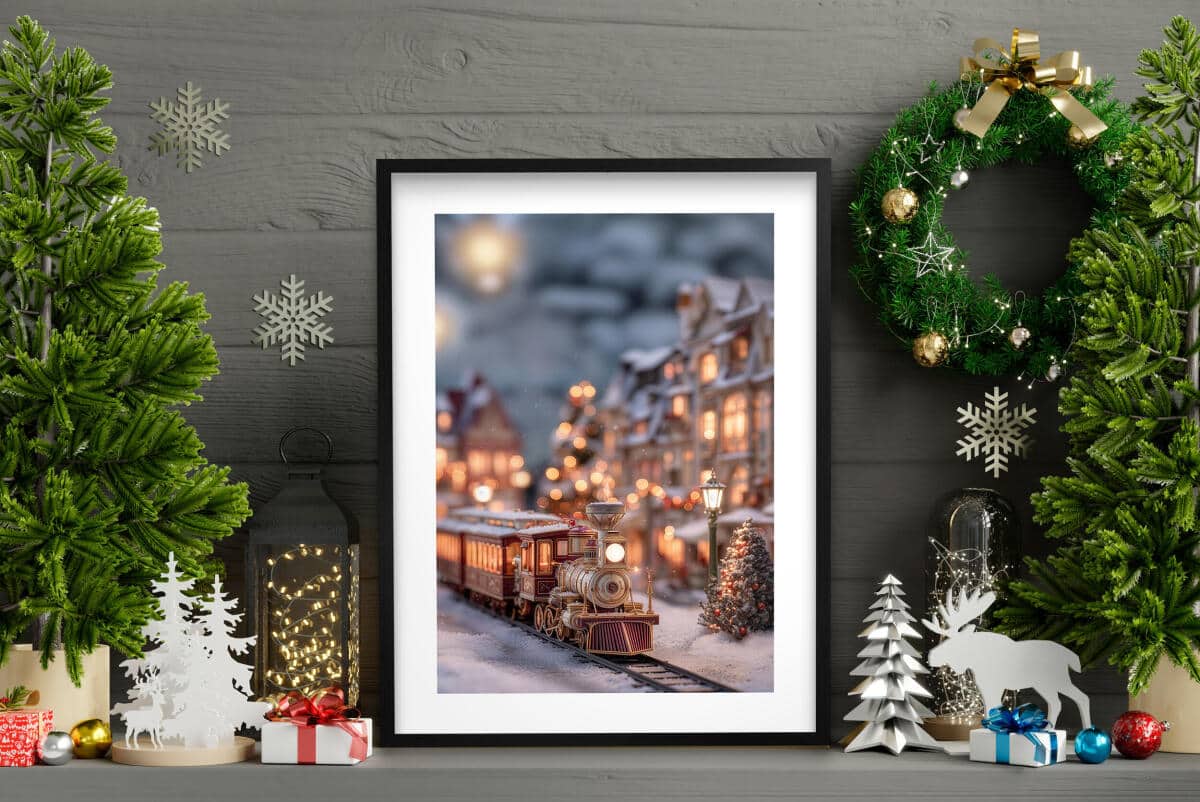 Bożonarodzeniowa dekoracja na ścianę- Zimowe miasteczko, kolejka | Świąteczny Plakat do salonu 82317 - zdjęcie 2