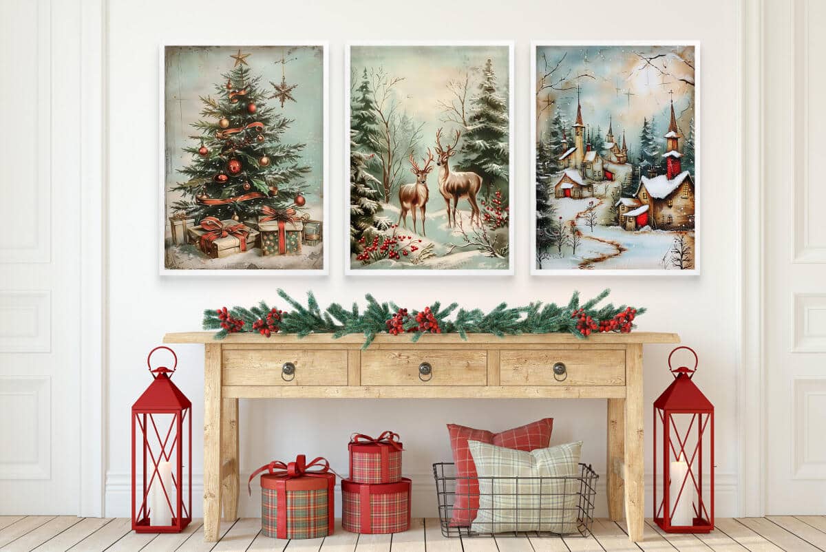 Zestaw Plakatów Bożonarodzeniowych- Choinka, Jelenie, Zimowa Wioska | Świąteczne Obrazy w klimacie Retro KP399 - zdjęcie 8