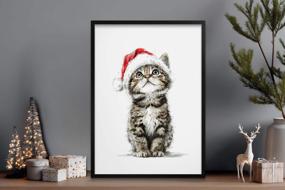 Plakat Świąteczny dla Dzieci – Kotek w Czapce Mikołaja | Bajkowa Dekoracja Ścienna do Pokoju dziecka 82322 - zdjęcie 3