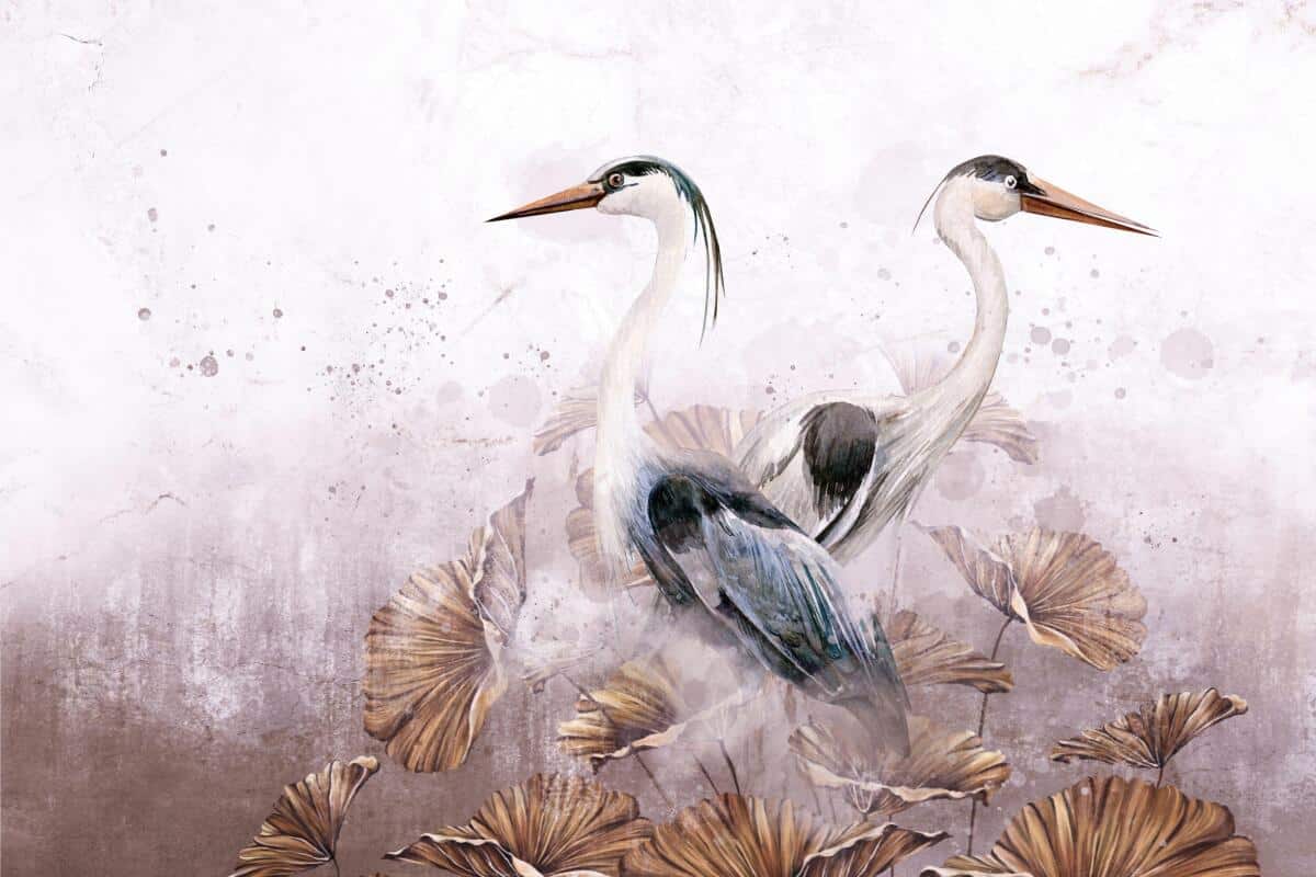 Elegancka Fototapeta do salonu- Czaple i Złote Liście | Dekoracja na ścianę do wnętrz orientalnych, boho 82251 - zdjęcie 4