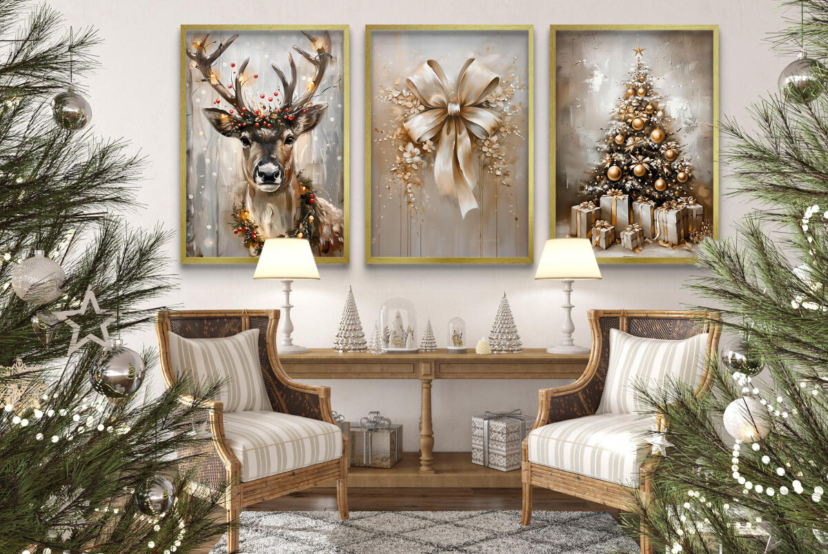 Plakaty Świąteczne Glamour – Renifer, Złota Kokarda, Choinka z Prezentami | Eleganckie Obrazy Zimowe KP400 - zdjęcie 6