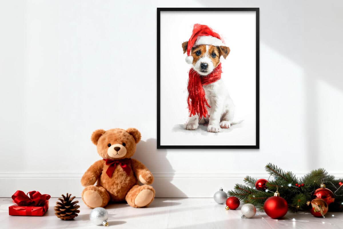 Dekoracja Ścienna na Święta – Pies w Czapce Mikołaja | Świąteczny plakat do pokoju dziecka 82321 - zdjęcie 2