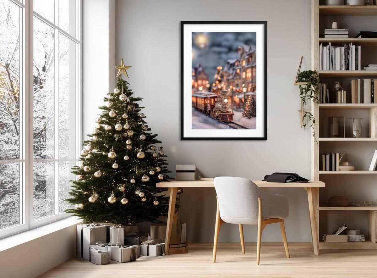 Bożonarodzeniowa dekoracja na ścianę- Zimowe miasteczko, kolejka | Świąteczny Plakat do salonu 82317 - zdjęcie 4
