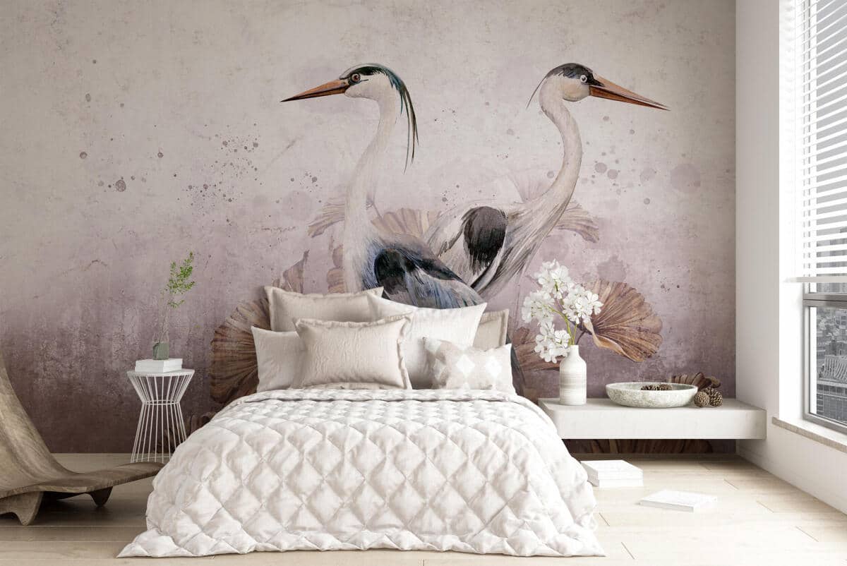 Elegancka Fototapeta do salonu- Czaple i Złote Liście | Dekoracja na ścianę do wnętrz orientalnych, boho 82251 - zdjęcie 3