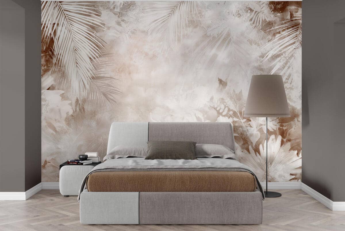 Akwarelowa Fototapeta- Beżowa Dżungla | Liście Palmowe i Kwiaty | Roślinna Tapeta na ścianę 83216 - zdjęcie 1