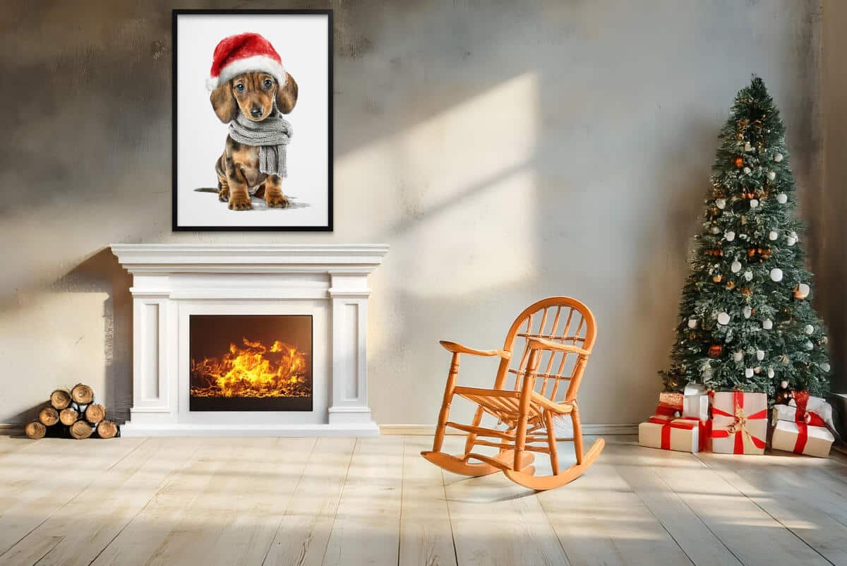 Plakat Bożonarodzeniowy z Psem- Jamnik w Czapce Mikołaja | Zabawna dekoracja świąteczna do pokoju dziecka, nastolatka 82320 - zdjęcie 3