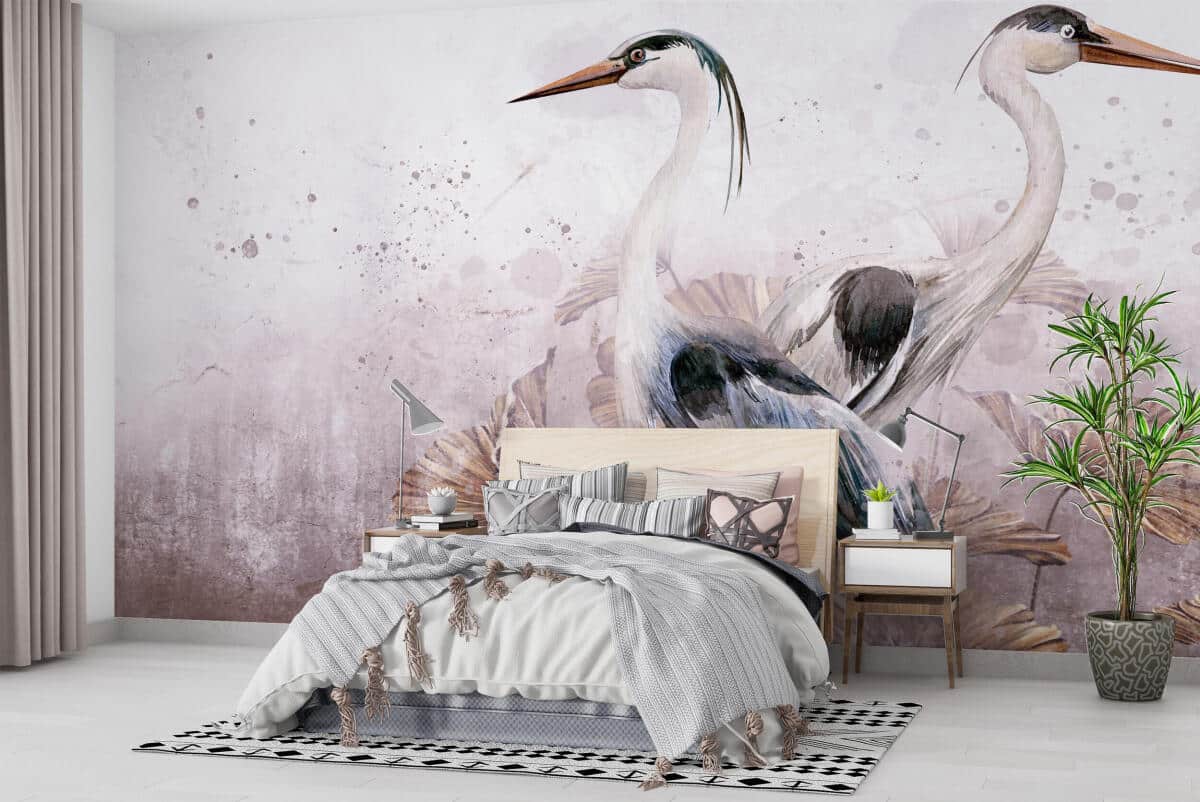 Elegancka Fototapeta do salonu- Czaple i Złote Liście | Dekoracja na ścianę do wnętrz orientalnych, boho 82251