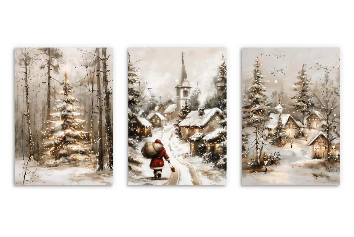 Zestaw Plakatów Świątecznych z Mikołajem i Zimowym Pejzażem | Dekoracja na Święta Bożego Narodzenia do Salonu KP402 - zdjęcie 9