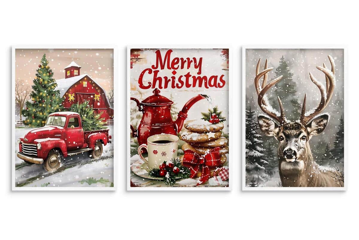 Plakaty Świąteczne Vintage- Merry Christmas | Zimowy krajobraz na ścianę- dekoracje bożonarodzeniowe KP403 - zdjęcie 6