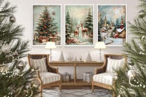 Zestaw Plakatów Bożonarodzeniowych- Choinka, Jelenie, Zimowa Wioska | Świąteczne Obrazy w klimacie Retro KP399 - miniaturka 3