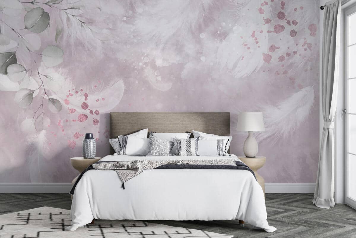 Pióra i Liście Eukaliptusa- Delikatna Pastelowa Fototapeta w stylu akwareli 82254 - zdjęcie 2