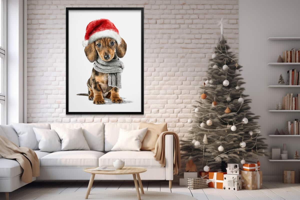 Plakat Bożonarodzeniowy z Psem- Jamnik w Czapce Mikołaja | Zabawna dekoracja świąteczna do pokoju dziecka, nastolatka 82320 - zdjęcie 4