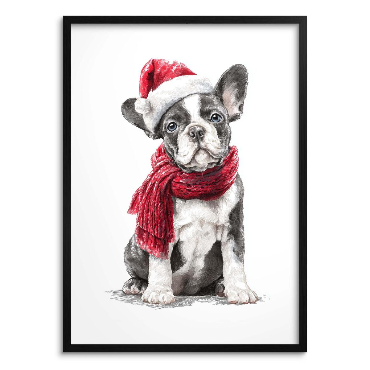 Uroczy Plakat Świąteczny z Buldogiem Francuskim | Pies w Czapce Mikołaja i Czerwonym Szaliku | Dekoracja Bożonarodzeniowa 82319 - zdjęcie 1