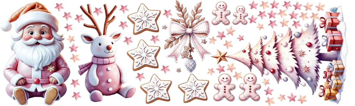 Dwustronne Naklejki Świąteczne na Okno – Różowy Mikołaj, Renifer i Pierniki | Urocza Zimowa Dekoracja do Domu, Żłobka i Przedszkola 82162 - zdjęcie 4