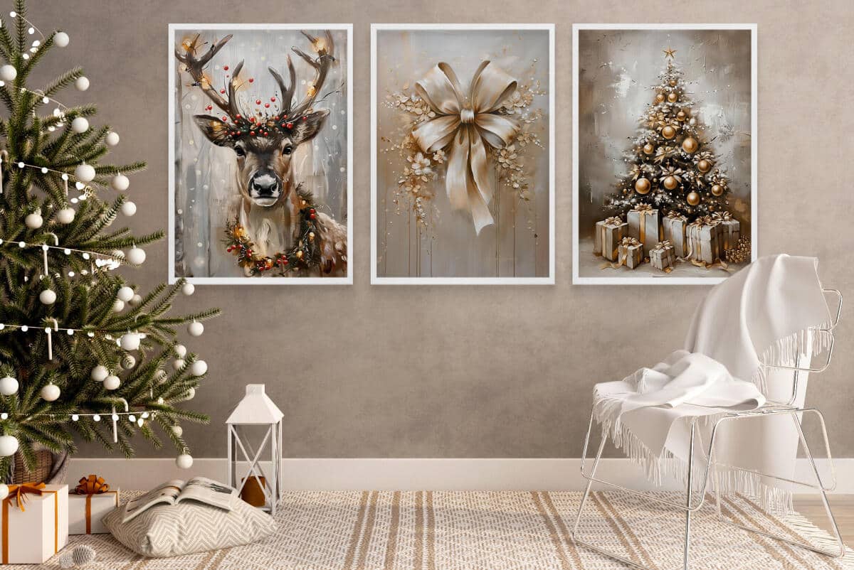 Plakaty Świąteczne Glamour – Renifer, Złota Kokarda, Choinka z Prezentami | Eleganckie Obrazy Zimowe KP400 - zdjęcie 5