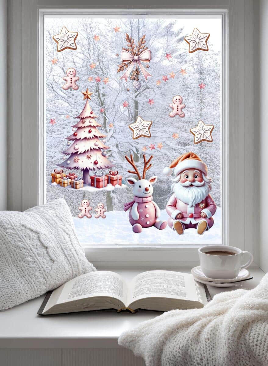 Dwustronne Naklejki Świąteczne na Okno – Różowy Mikołaj, Renifer i Pierniki | Urocza Zimowa Dekoracja do Domu, Żłobka i Przedszkola 82162 - zdjęcie 2