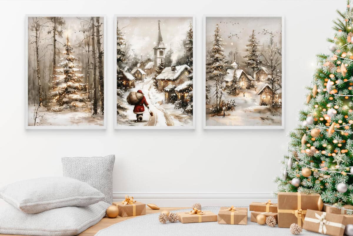 Zestaw Plakatów Świątecznych z Mikołajem i Zimowym Pejzażem | Dekoracja na Święta Bożego Narodzenia do Salonu KP402 - zdjęcie 5