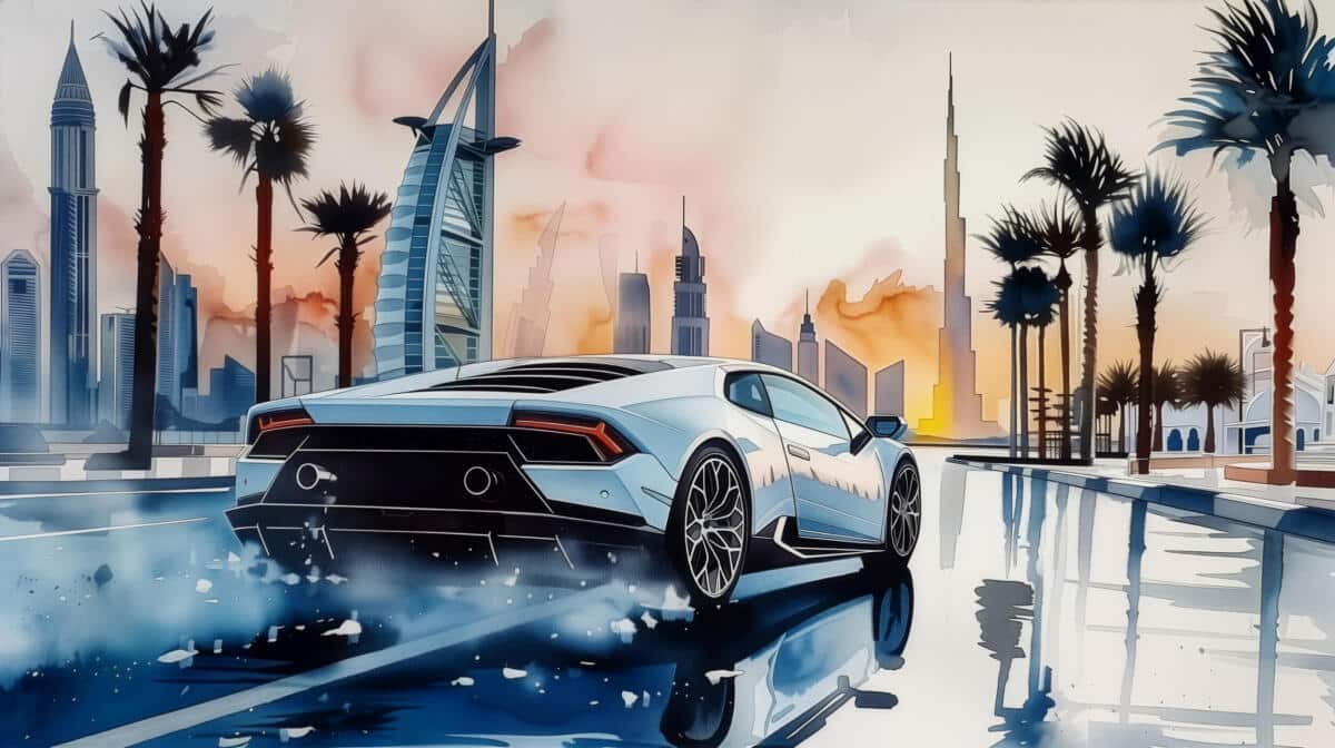 Nowoczesna Fototapeta- Panorama Dubaju, Auto w stylu Lamborghini Huracan | Luksusowy supercar na tle miasta 94230 - zdjęcie 4