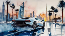 Nowoczesna Fototapeta- Panorama Dubaju, Auto w stylu Lamborghini Huracan | Luksusowy supercar na tle miasta 94230 - miniaturka 4