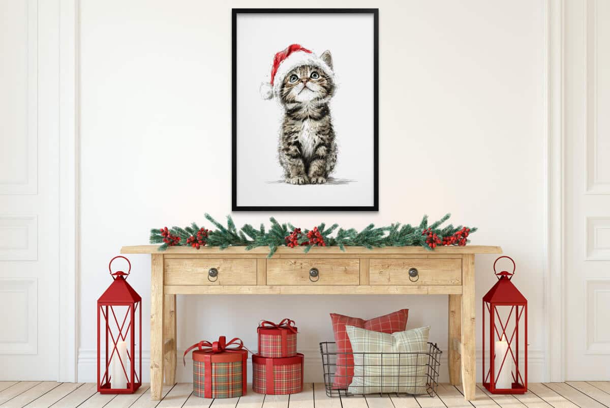 Plakat Świąteczny dla Dzieci – Kotek w Czapce Mikołaja | Bajkowa Dekoracja Ścienna do Pokoju dziecka 82322 - zdjęcie 5