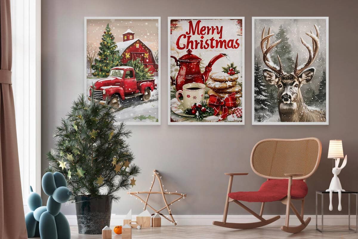 Plakaty Świąteczne Vintage- Merry Christmas | Zimowy krajobraz na ścianę- dekoracje bożonarodzeniowe KP403 - zdjęcie 3