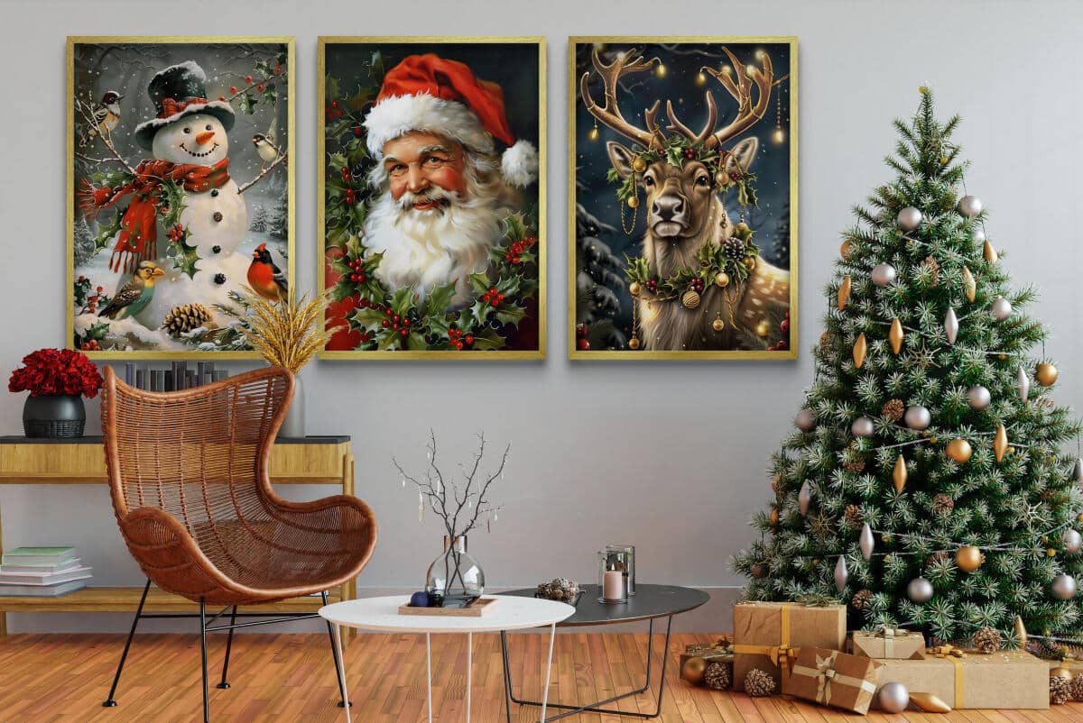 Świąteczne Obrazy na ścianę – Mikołaj, Bałwan, Renifer | Bożonarodzeniowe Plakaty | Zimowa Dekoracja Ścienna do Domu KP401 - zdjęcie 3