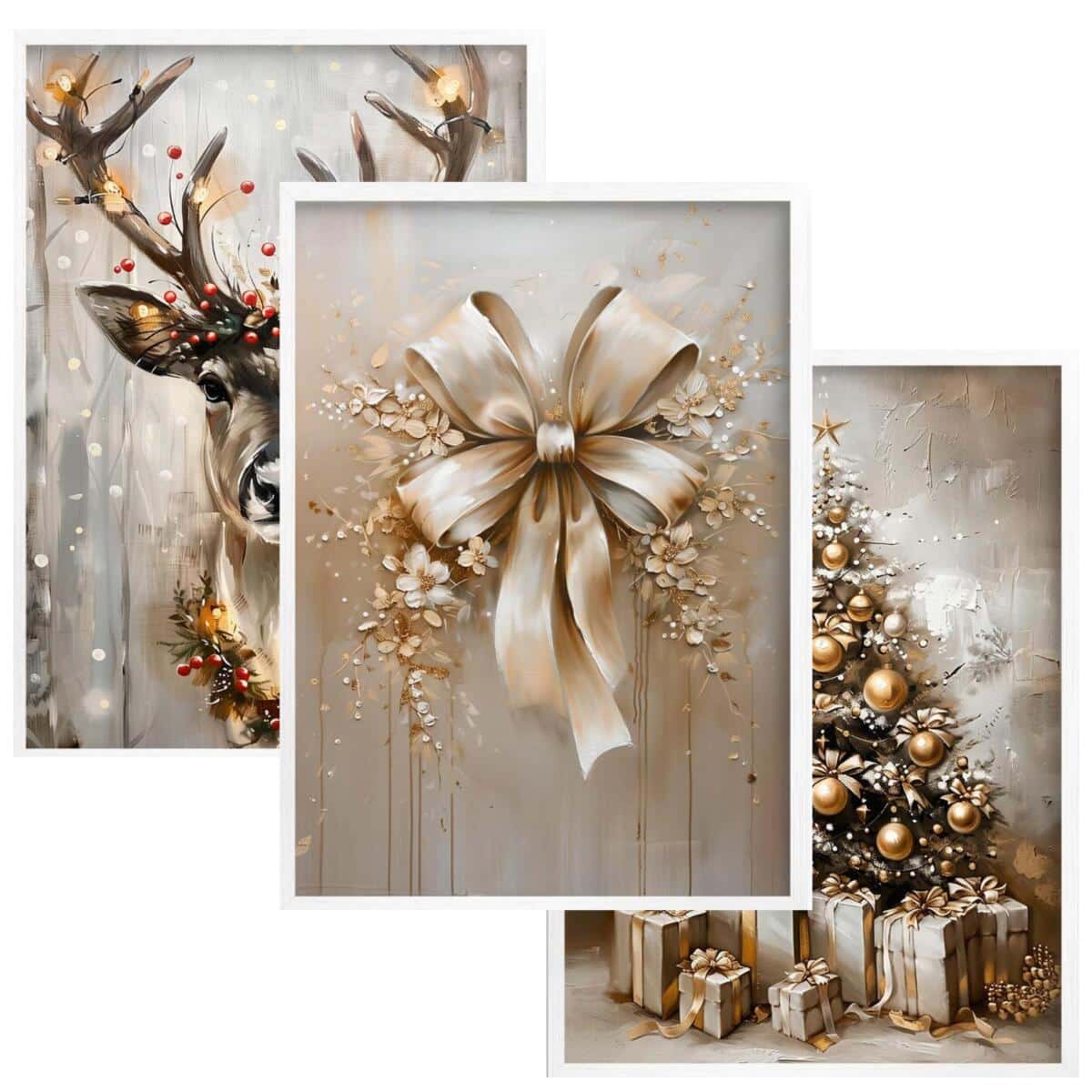 Plakaty Świąteczne Glamour – Renifer, Złota Kokarda, Choinka z Prezentami | Eleganckie Obrazy Zimowe KP400 - zdjęcie 1