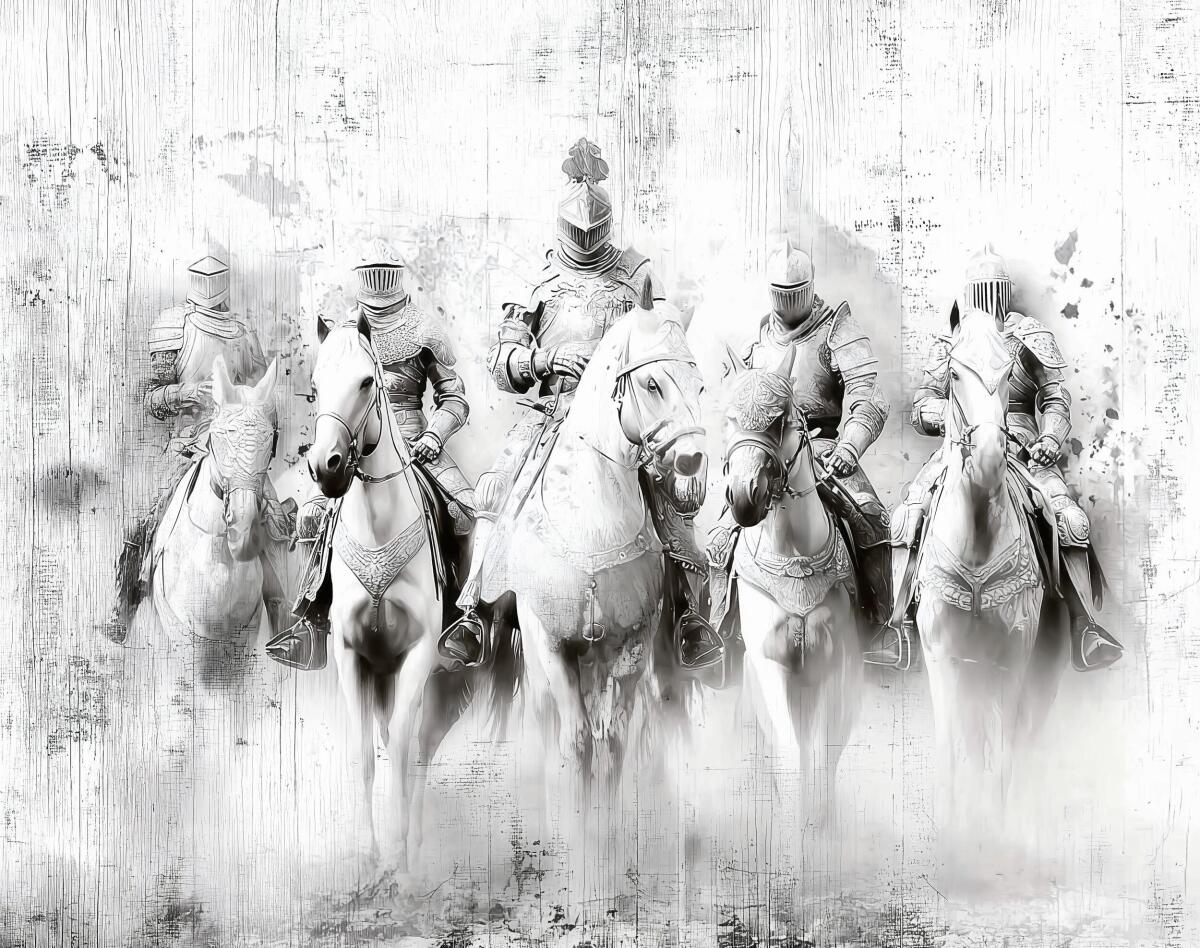 Czarno-biała Fototapeta dla gracza- Rycerze w zbrojach | Młodzieżowa Tapeta na ścianę szkic, motyw fantasy 82312 - zdjęcie 4