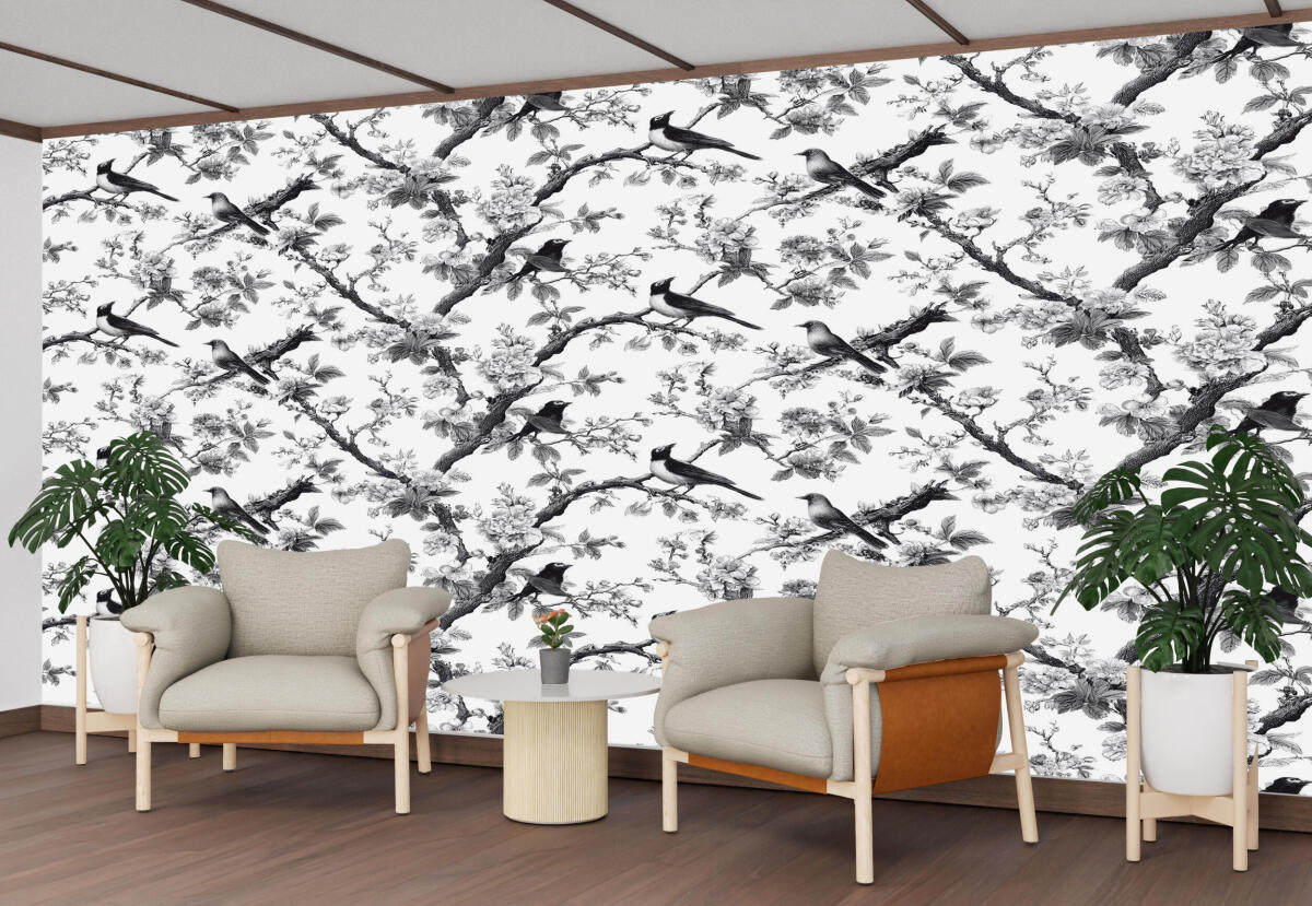 Czarno- biała Fototapeta do hotelu, gabinetu- Ptaki i Kwiaty | Elegancka Fototapeta Vintage 82328 - zdjęcie 3