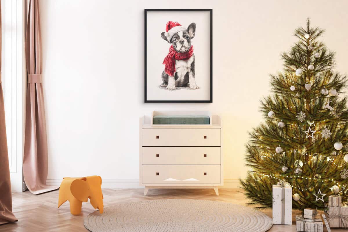 Uroczy Plakat Świąteczny z Buldogiem Francuskim | Pies w Czapce Mikołaja i Czerwonym Szaliku | Dekoracja Bożonarodzeniowa 82319 - zdjęcie 3