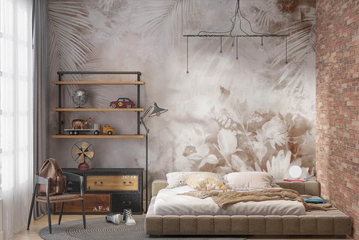 Akwarelowa Fototapeta- Beżowa Dżungla | Liście Palmowe i Kwiaty | Roślinna Tapeta na ścianę 83216 - zdjęcie 2