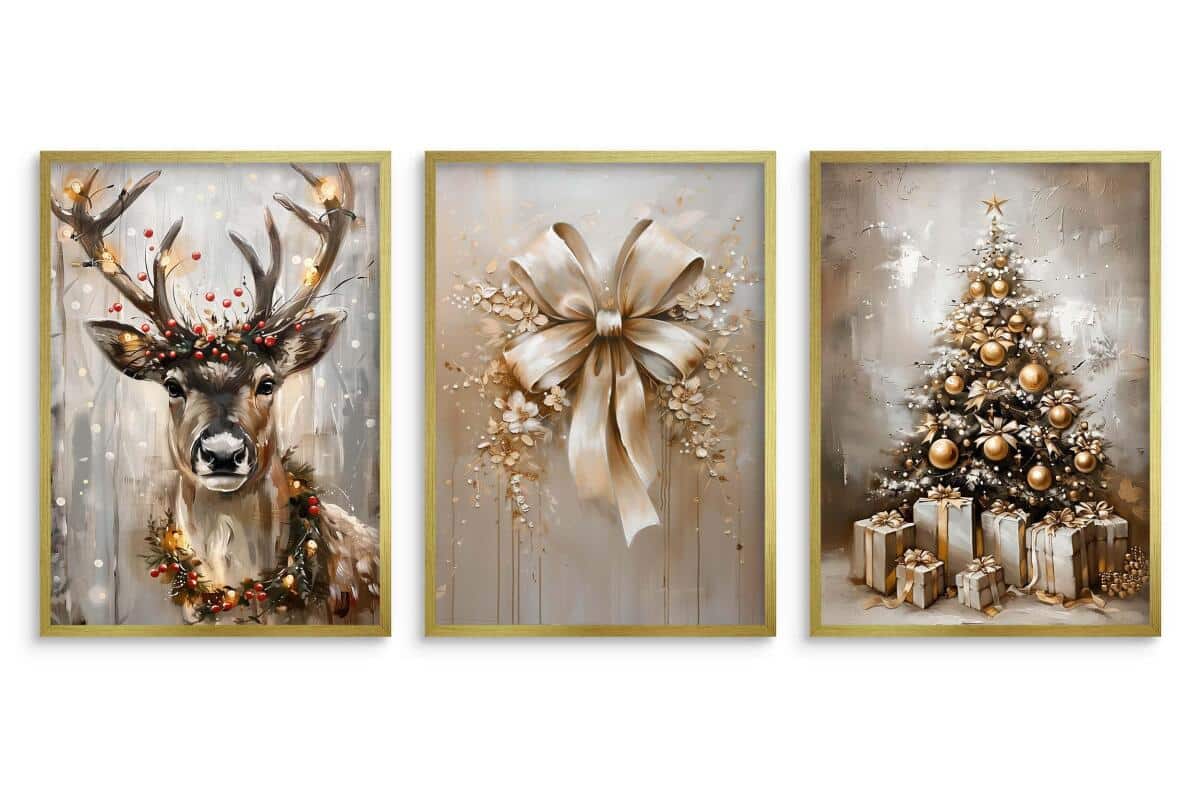 Plakaty Świąteczne Glamour – Renifer, Złota Kokarda, Choinka z Prezentami | Eleganckie Obrazy Zimowe KP400 - zdjęcie 7