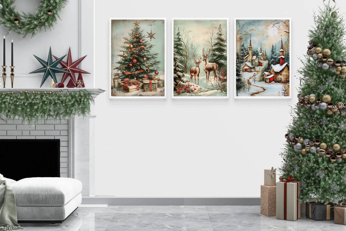 Zestaw Plakatów Bożonarodzeniowych- Choinka, Jelenie, Zimowa Wioska | Świąteczne Obrazy w klimacie Retro KP399 - zdjęcie 4