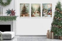 Zestaw Plakatów Bożonarodzeniowych- Choinka, Jelenie, Zimowa Wioska | Świąteczne Obrazy w klimacie Retro KP399 - miniaturka 4