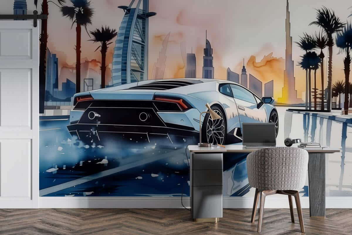 Nowoczesna Fototapeta- Panorama Dubaju, Auto w stylu Lamborghini Huracan | Luksusowy supercar na tle miasta 94230 - zdjęcie 1