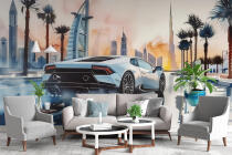 Nowoczesna Fototapeta- Panorama Dubaju, Auto w stylu Lamborghini Huracan | Luksusowy supercar na tle miasta 94230 - miniaturka 2