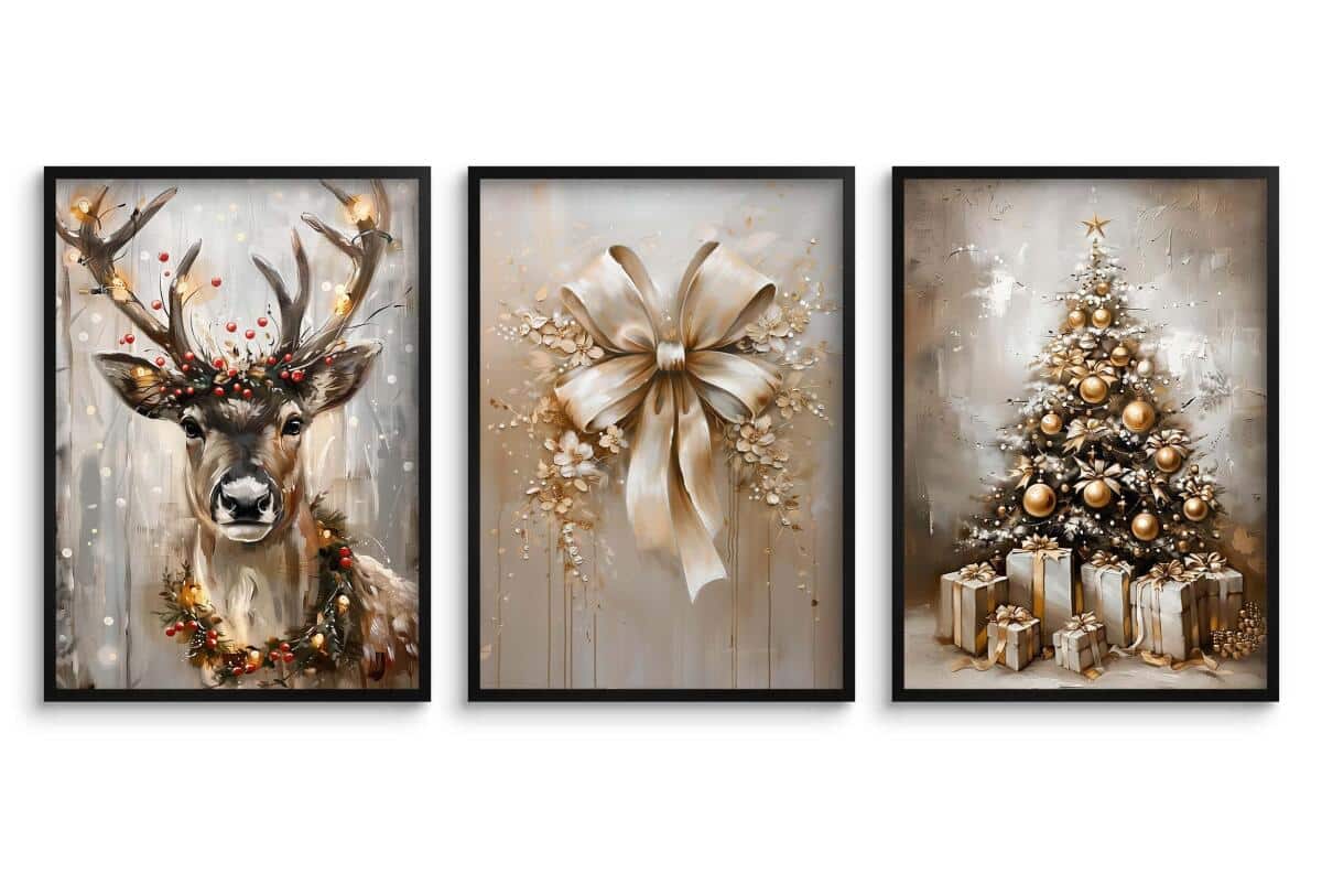 Plakaty Świąteczne Glamour – Renifer, Złota Kokarda, Choinka z Prezentami | Eleganckie Obrazy Zimowe KP400 - zdjęcie 8