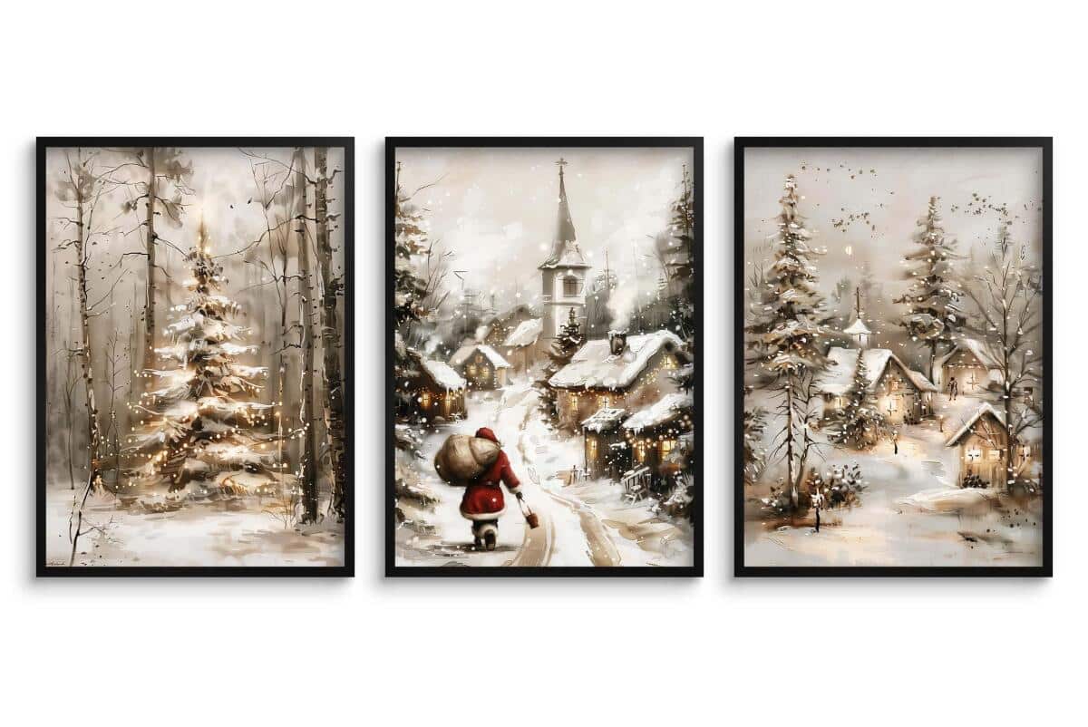 Zestaw Plakatów Świątecznych z Mikołajem i Zimowym Pejzażem | Dekoracja na Święta Bożego Narodzenia do Salonu KP402 - zdjęcie 8