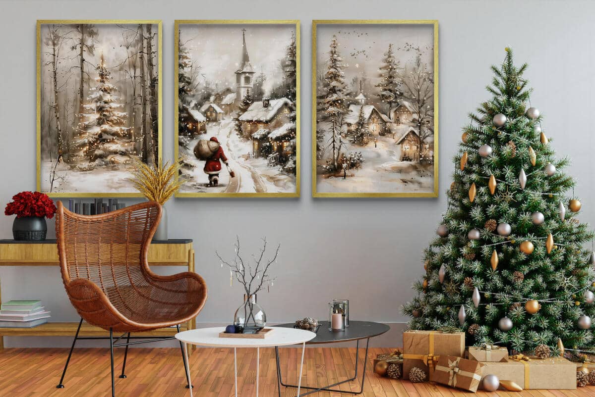 Zestaw Plakatów Świątecznych z Mikołajem i Zimowym Pejzażem | Dekoracja na Święta Bożego Narodzenia do Salonu KP402 - zdjęcie 2