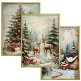 Zestaw Plakatów Bożonarodzeniowych- Choinka, Jelenie, Zimowa Wioska | Świąteczne Obrazy w klimacie Retro KP399 - miniaturka 1