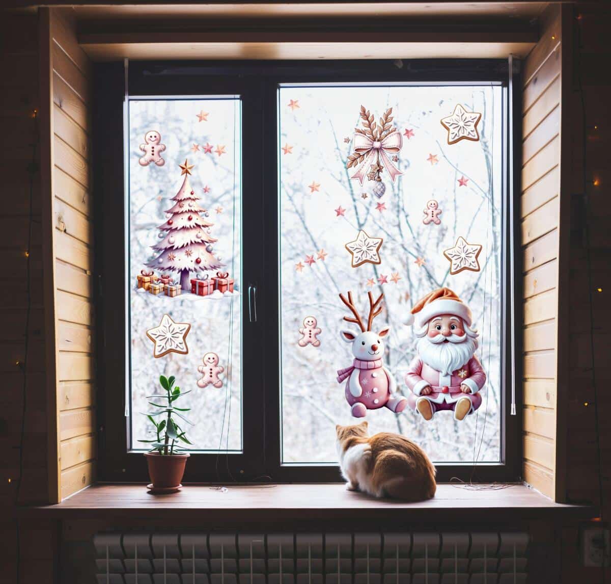 Dwustronne Naklejki Świąteczne na Okno – Różowy Mikołaj, Renifer i Pierniki | Urocza Zimowa Dekoracja do Domu, Żłobka i Przedszkola 82162 - zdjęcie 1