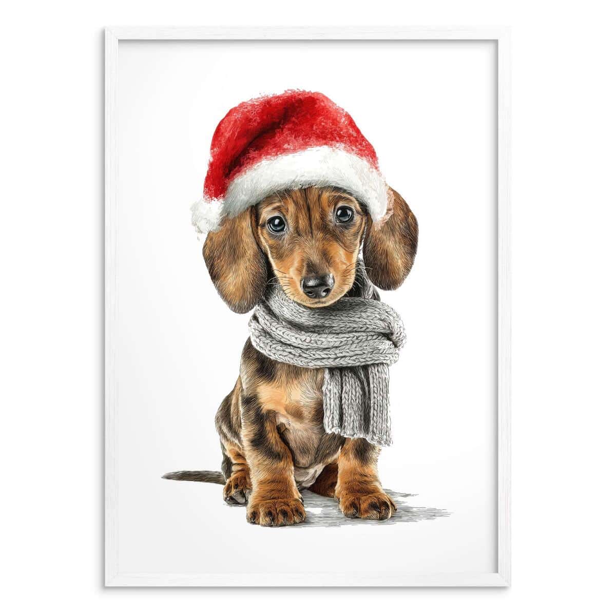 Plakat Bożonarodzeniowy z Psem- Jamnik w Czapce Mikołaja | Zabawna dekoracja świąteczna do pokoju dziecka, nastolatka 82320 - zdjęcie 6