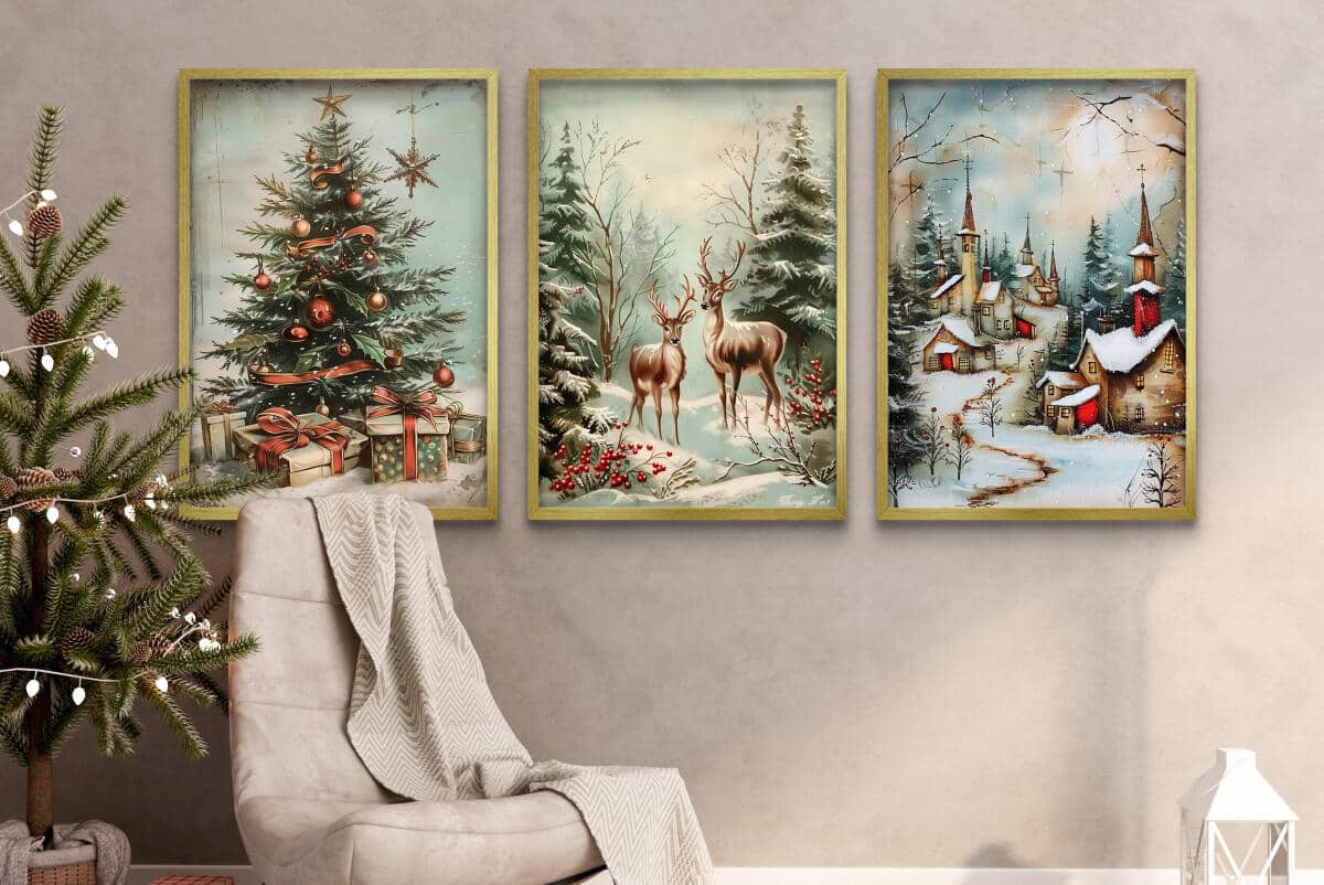 Zestaw Plakatów Bożonarodzeniowych- Choinka, Jelenie, Zimowa Wioska | Świąteczne Obrazy w klimacie Retro KP399 - zdjęcie 2
