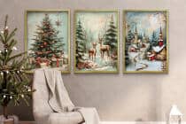 Zestaw Plakatów Bożonarodzeniowych- Choinka, Jelenie, Zimowa Wioska | Świąteczne Obrazy w klimacie Retro KP399 - miniaturka 2