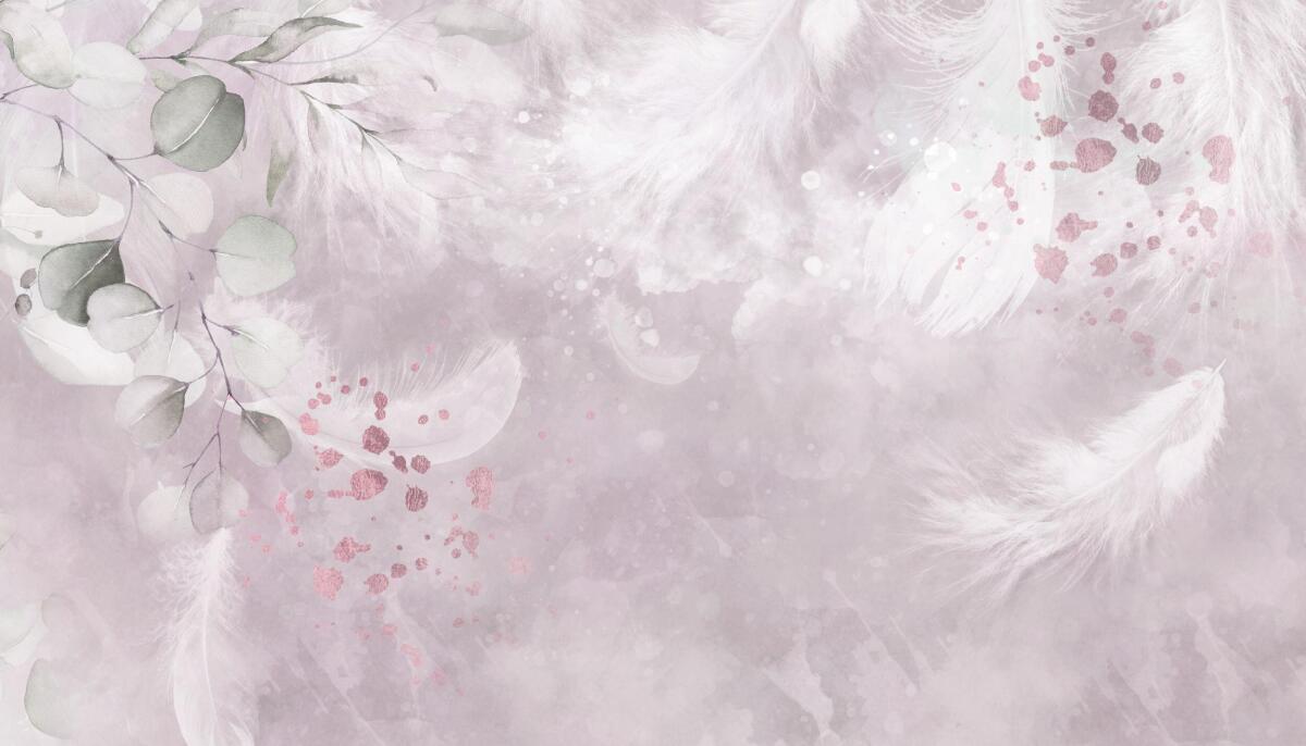 Pióra i Liście Eukaliptusa- Delikatna Pastelowa Fototapeta w stylu akwareli 82254 - zdjęcie 4