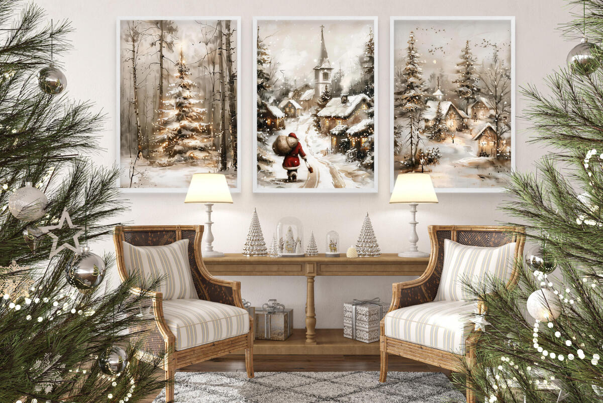 Zestaw Plakatów Świątecznych z Mikołajem i Zimowym Pejzażem | Dekoracja na Święta Bożego Narodzenia do Salonu KP402 - zdjęcie 4