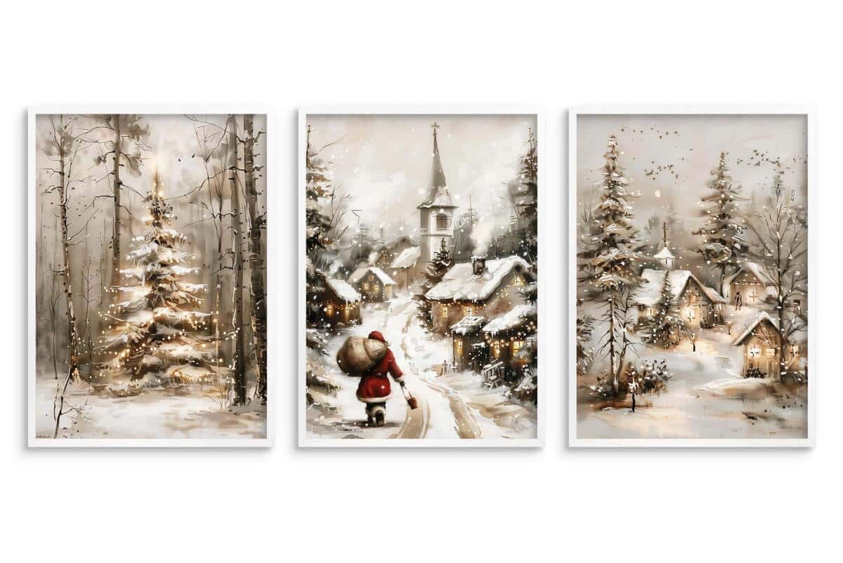 Zestaw Plakatów Świątecznych z Mikołajem i Zimowym Pejzażem | Dekoracja na Święta Bożego Narodzenia do Salonu KP402 - zdjęcie 7