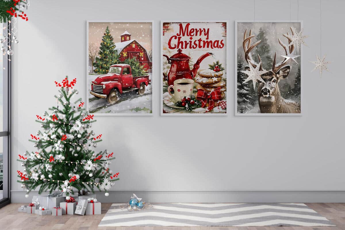 Plakaty Świąteczne Vintage- Merry Christmas | Zimowy krajobraz na ścianę- dekoracje bożonarodzeniowe KP403 - zdjęcie 4