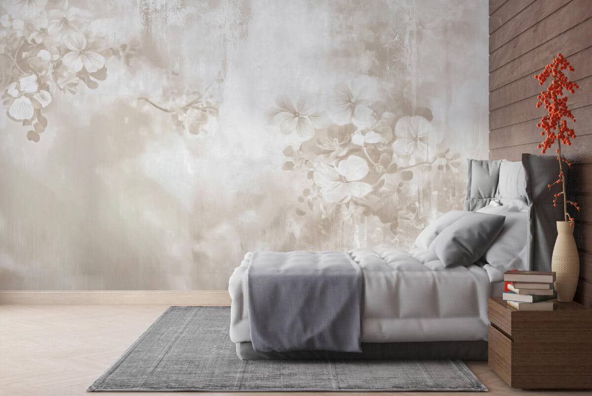 Fototapeta Beżowa Akwarela – Kwiaty i Gałązki | Neutralna Tapeta do Salonu i Sypialni | Romantyczna Dekoracja boho, vintage 83215 - zdjęcie 1